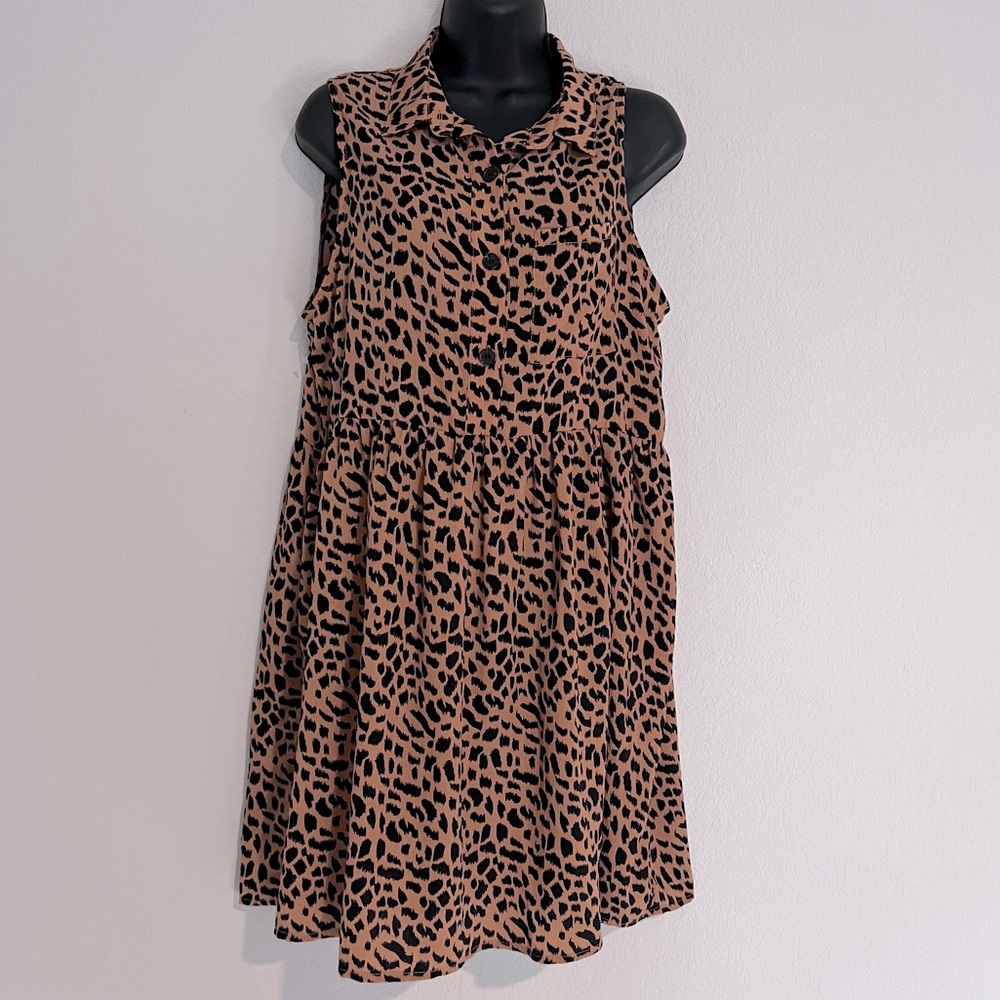 Umgee Brown and Black Cheetah Print Sleeveless Button Down Shirt Dress L NWOT